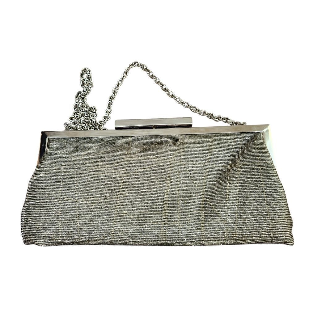 Sondra Roberts metallic silver clutch shoulder chain bag evenings